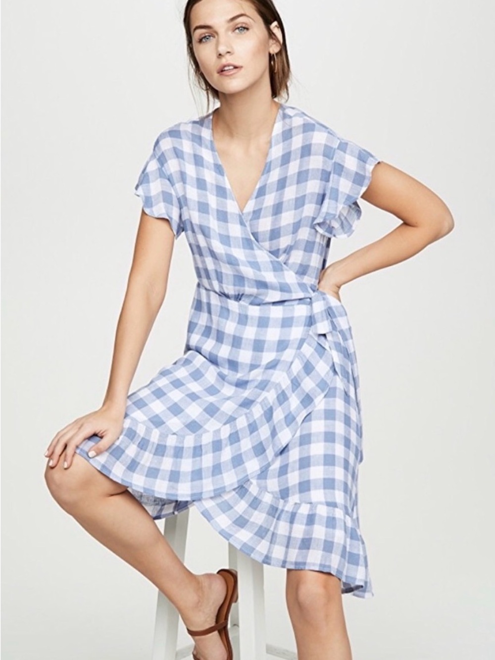 NEW Rails Brigitte Periwinkle Check Linen Wrap Dress Blue White Gingham | S - Picture 12 of 16